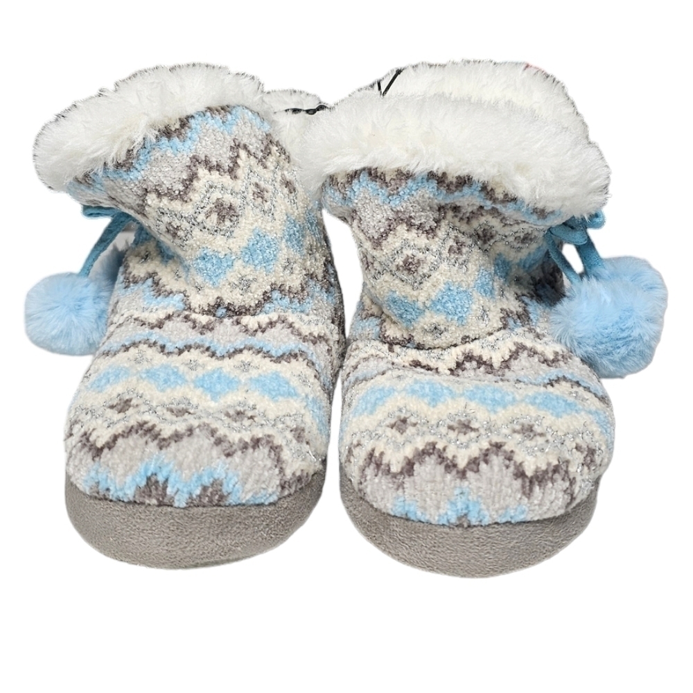House Slippers Grippy Treads Faux Fur Lining Pom Poms Fair Isle Knit Girls 12